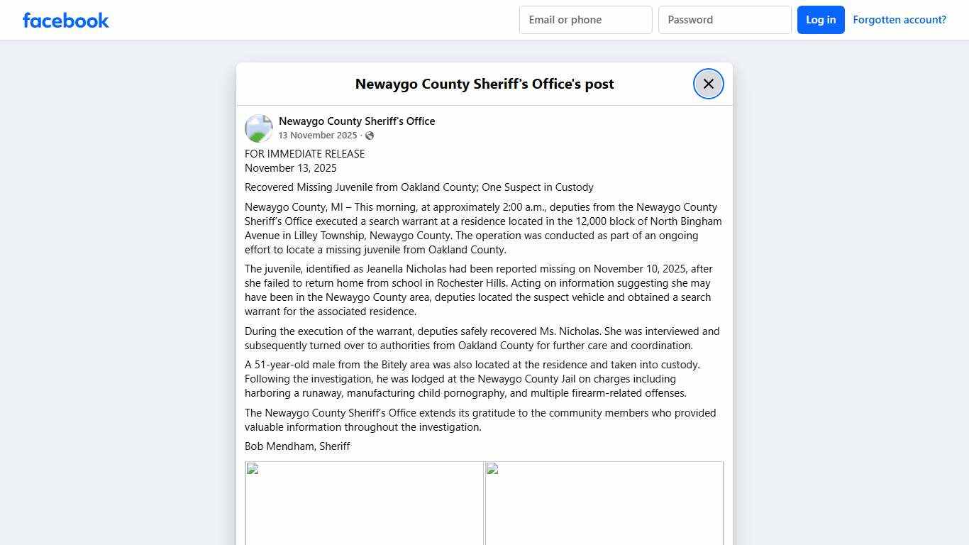 FOR IMMEDIATE RELEASE... - Newaygo County Sheriff's Office Facebook